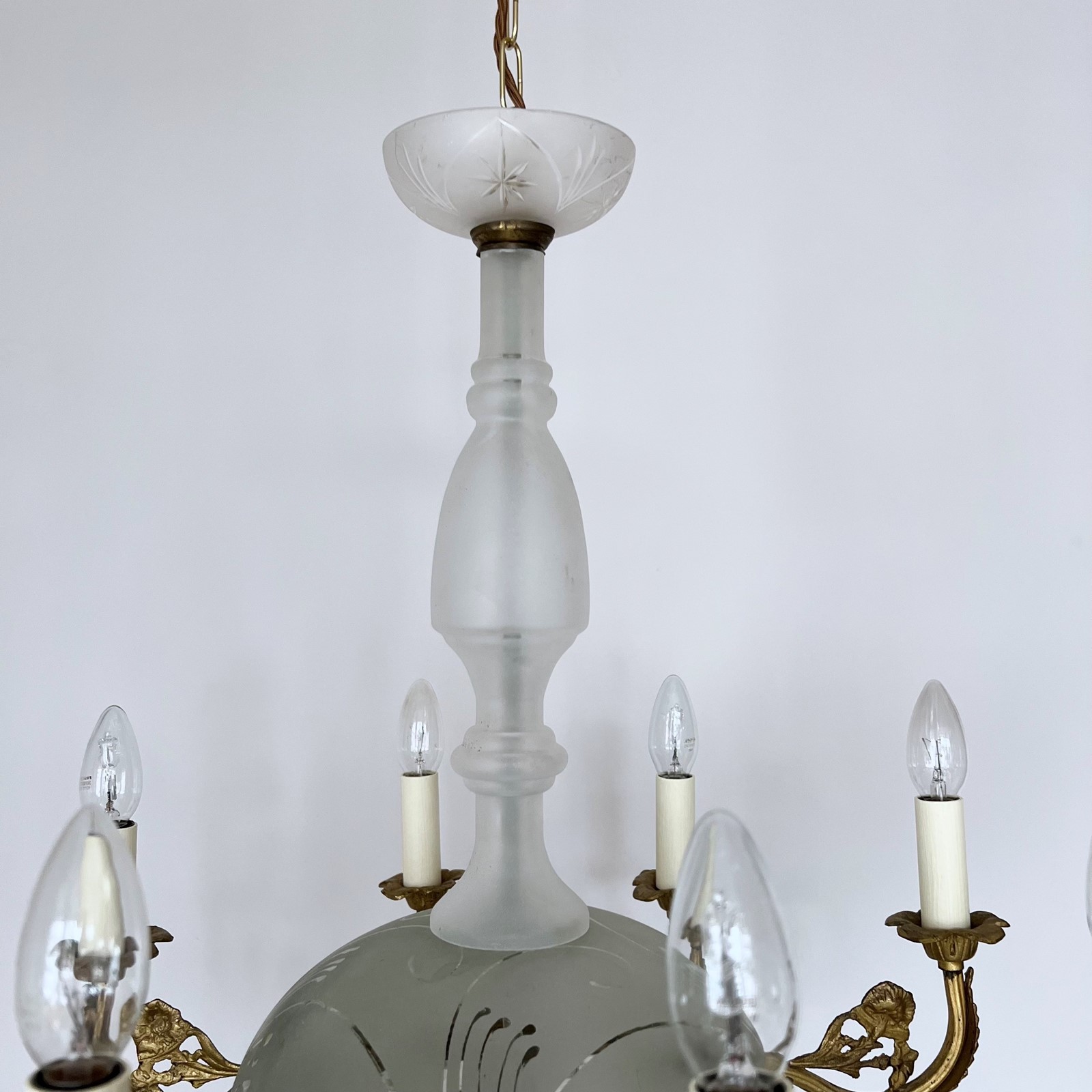 Frosted Glass And Brass Chandelier - The Hoarde Vintage