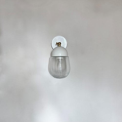 Contemporary Wall Light, White Wall Fitting And Clear Ribbed Glass Shade