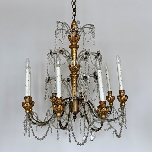 Large Gold Toleware Chandelier With Crystal Drops