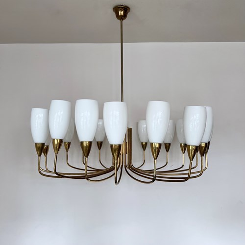 Large Mid Century Italian Brass Chandelier With Contemporary Glass Shades