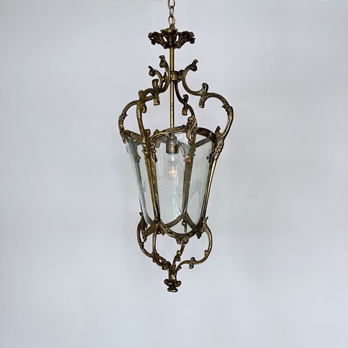 Large Ornate Heavy Cast Floral Brass Lantern With Curved Etched Glass