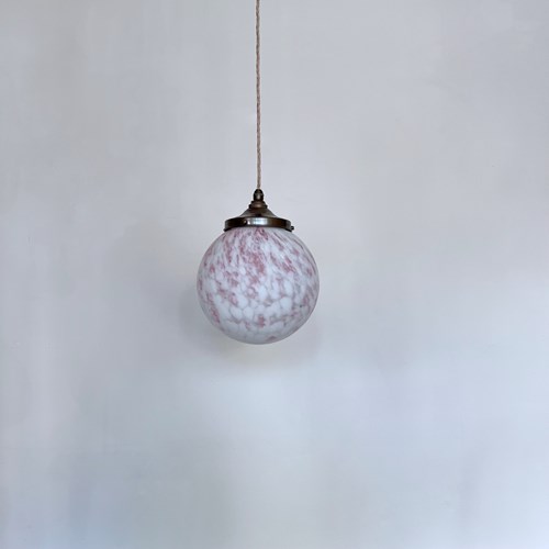 Mid Century Large White And Pink Mottled Glass Globe Shade