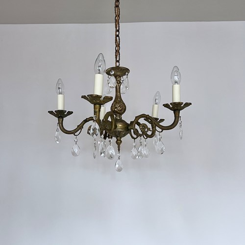 Ornate Brass Chandelier With Glass Pear Drops