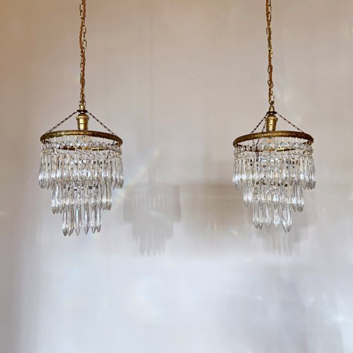 Pair Of Glass Icicle Waterfall Chandeliers