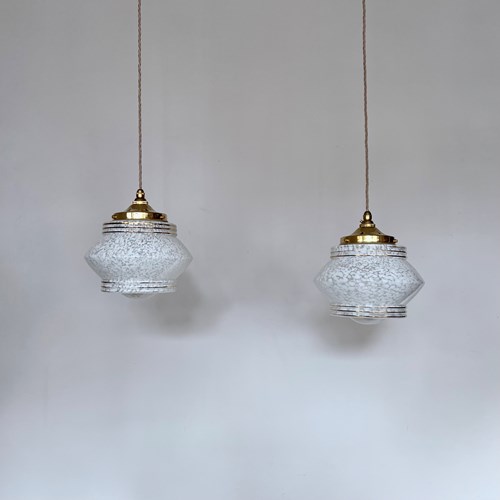 Pair Of Mid Century White Clichy Glass Shades
