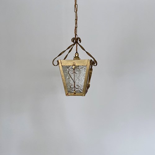 Small French Polished Brass Lantern With Textured Clear Glass