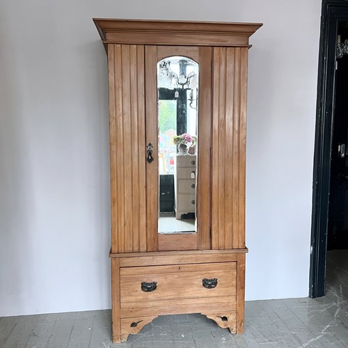 Vintage Pine Wardrobe With Oval Mirror