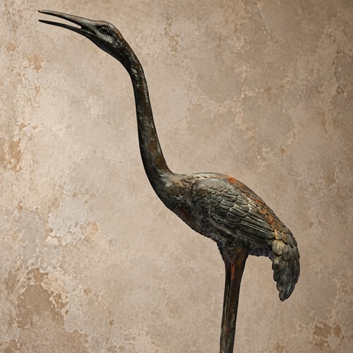 Bronze Crane Meiji Style Vintage Metal Garden Bird Ornament Vintage Animal Pond
