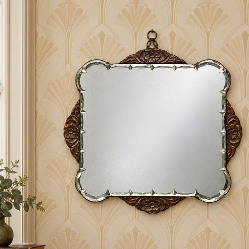 Large Art Deco Mirror Bevelled Mirror With Carved Oak Floral Detail Antique Old