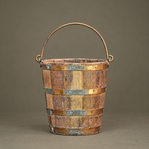 Brass & Oak Bucket Wood Pail Antiqu...