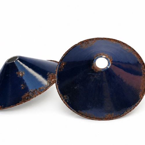 Pair Blue Enamel Coolie Shades Industrial Lamp Light Lighting Metal Shade Cooli