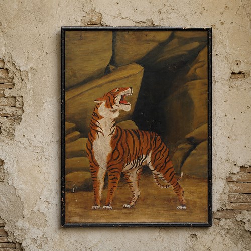 Tiger Oil On Board Antique Painting Screen Picture Art Interior Cat Drawing Old