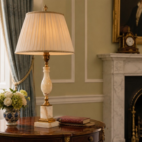 Marble & Brass Side Lamp Table Lamp Vintage Lighting Light Neoclassical Desk Old