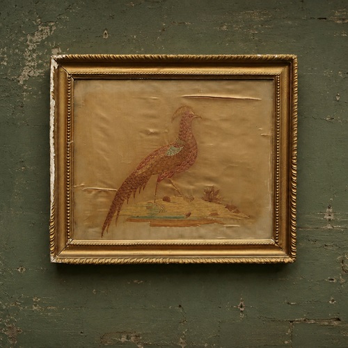 Silk Embroidery Picture Cock Pheasant Needlework Textile Antique Bird Old 19Th