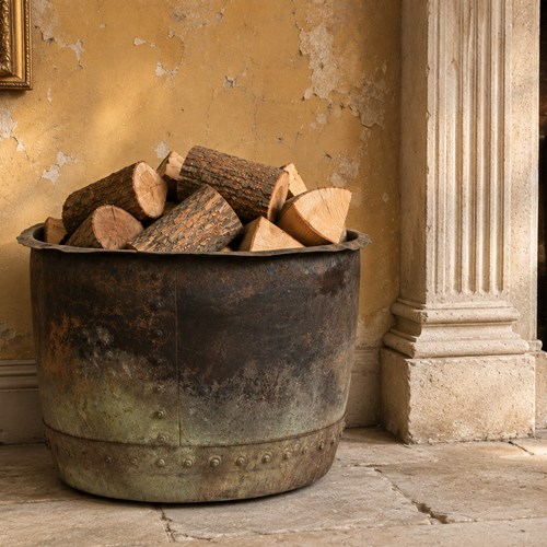 Log Basket Riveted Copper Bin Fireplace Trough Coal Scuttle Bucket Fire Stove