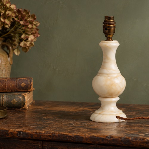 Small Alabaster Lamp Vintage Light Lighting Side Table Bedside Fabric Cable Bulb