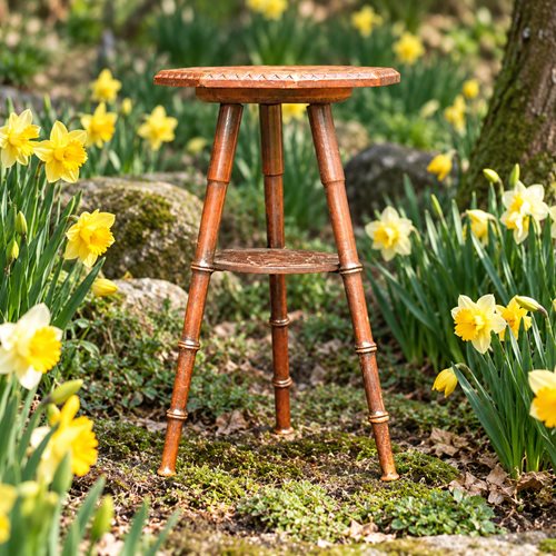 Daffodil Arts & Crafts Side Table Stand Wooden Carved Vintage Antique Folk Art