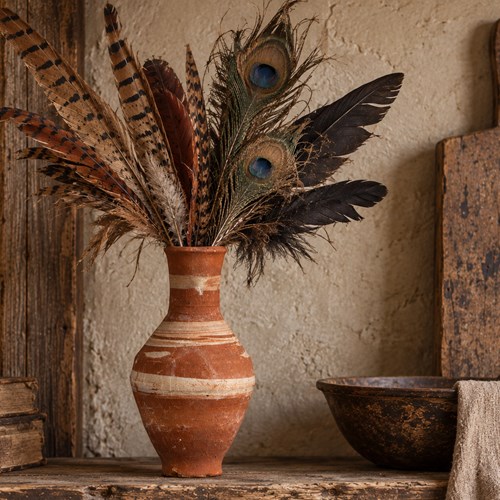 Small Terracotta Vase Clay Bottle Decorative Vessel Pot Feather Flower Hand Made