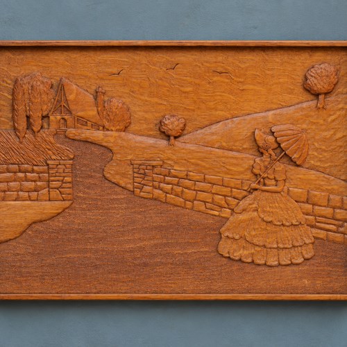 J. F. Padgett 1963 Hand-Carved Oak Rural Scene Lady With Parasol Chapel Picture