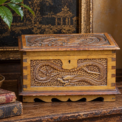 Chinese Wooden Box Hand Carved Dragon Lotus Flower Wood Storage Desk Trunktable