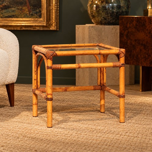 Small Rattan Table Square Table Glass Top Old Vintage Mid Century Side Stand
