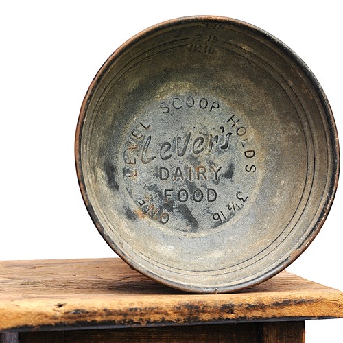 Lever's Dairy Food Scoop Antique Galvanised Bowl Pot Vintage Garden Animal Feed