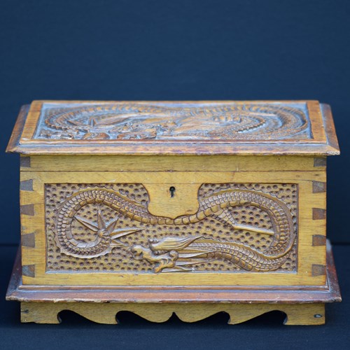 Chinese Carved Wooden Box | Dragon | Lotus Flower