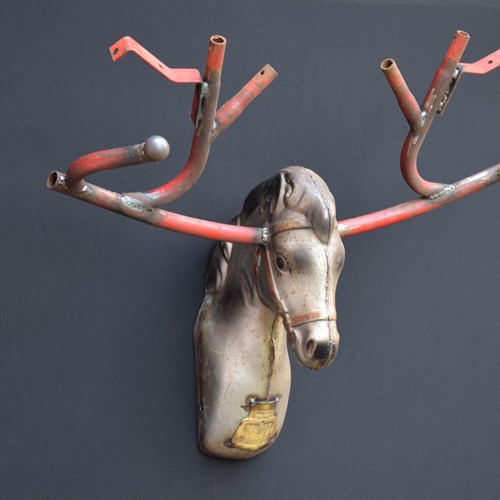 Horses Head With Antlers | Old Animal Head With Horns Metal Work Trophy Horse