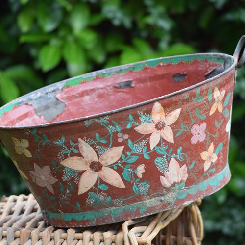 Folk Art Hand Painted Tin Bath