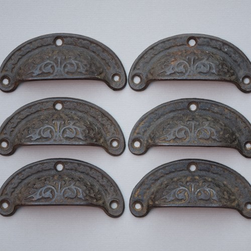 6 Vintage Cast Iron Cup Handles Old Reclaimed Victorian 19Th C Drawer Pull Knobs