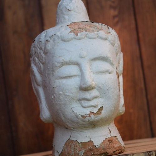 Terracotta Buddha Head Worn Old Painted & Weathered Vintage Meditation Garden
