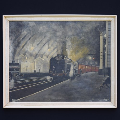 1973 York Train Station Oil Painting Townley Locomotive Haymarket  Vintage Art