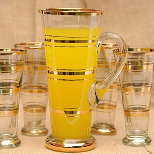 1950 Cocktail Jug & Glasses Gold Ri...