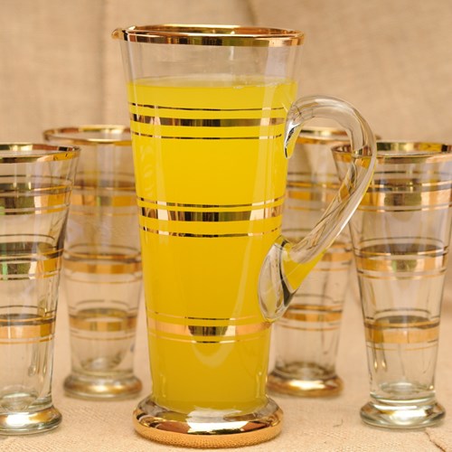 1950 Cocktail Jug & Glasses Gold Ringed Tall Glass Cocktail Jug Lemonade Drink