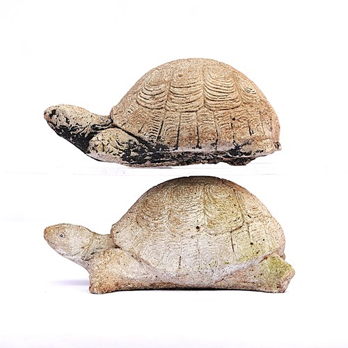Pair Of Tortoise Old Vintage Garden Animal Ornament Cast Stone Reptile Shell Old