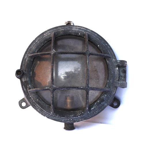 Caged Bulkhead Reclaimed Heavy Cast Iron & Glass Bulk Head Lamp Light Lantern