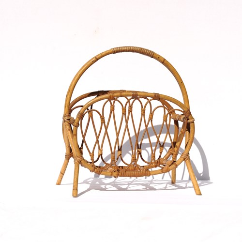 Rattan & Bamboo Magazine Rack Mid Century Furniture Wood Storage Basket Wicker