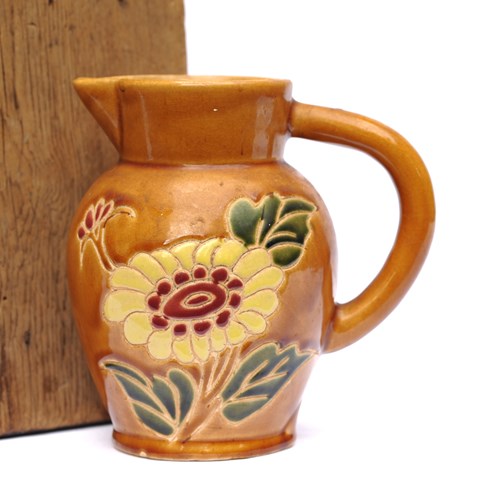 1930 Flower Jug Pottery Vase Yellow Dalia Antique Garden Pot Stoneware Water Jug