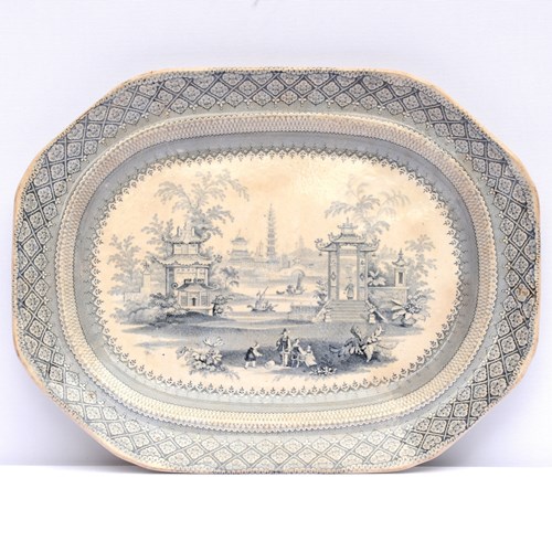 Serving Plate Platter Blue White Dish Table Dining Kitchen 19Th Century Old Meat