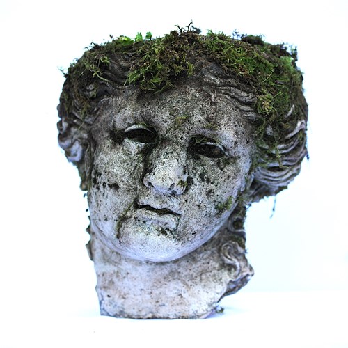 Stone Head Old Vintage Antique Garden Statue Female Moss Weathered Worn