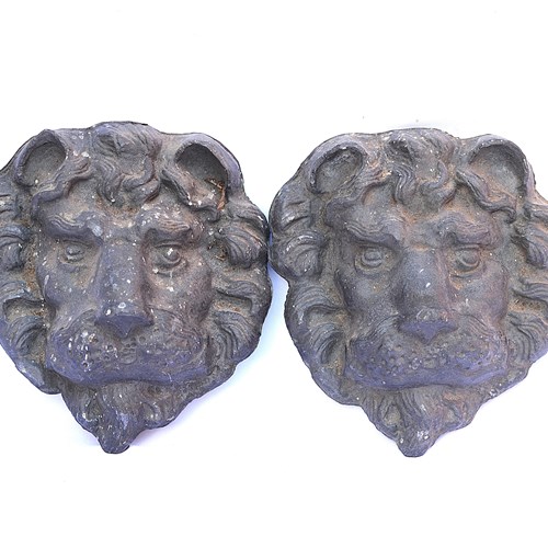Barbary Lion Mask Pair Antique Lead Lion Head Antique Gate Pillar Wall Mounts 