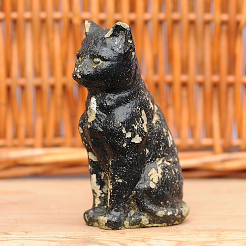 Black Stone Cat Antique Garden Ornament Animal Figure Old Vintage Painted Kitten