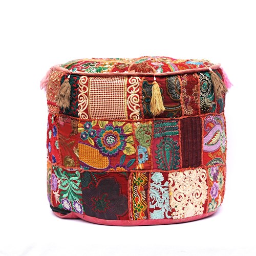 Embroidered Patchwork Pouffe Old Ottoman Pouf Footstool Red Bright Colourful 