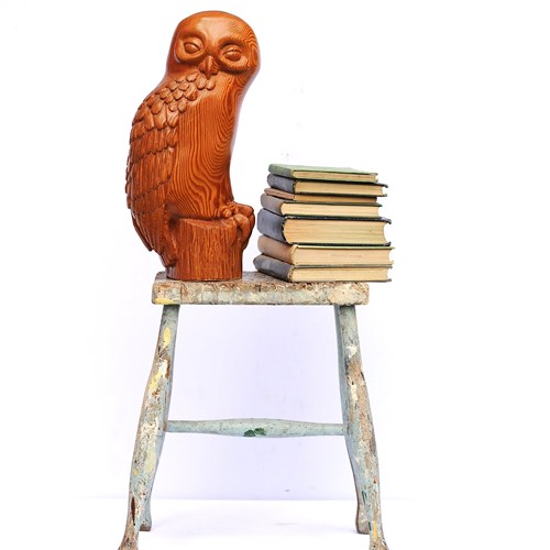 Pitch Pine Owl Vintage Wood Carving Folk Art Bird Large Carved Owl Old Hand Wood