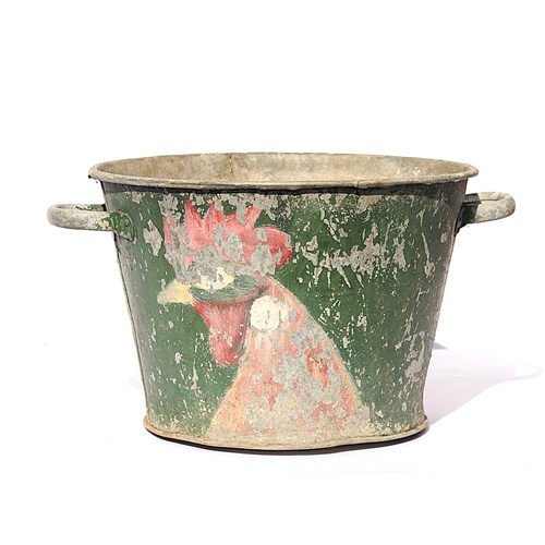 Folk Art Planter Antique Garden Planter Flower Pot Painted Cockerel Flowers 