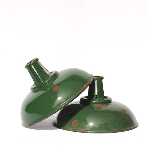 Pair Green Enamel Shades Antique Industrial Light Lamp Lighting Vintage Factory