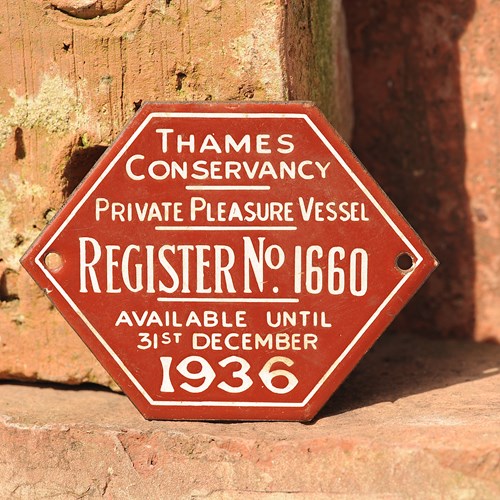 Thames Conservancy Enamel Sign 1936 Boat Plate Small Plaque Vintage Enamel Sign