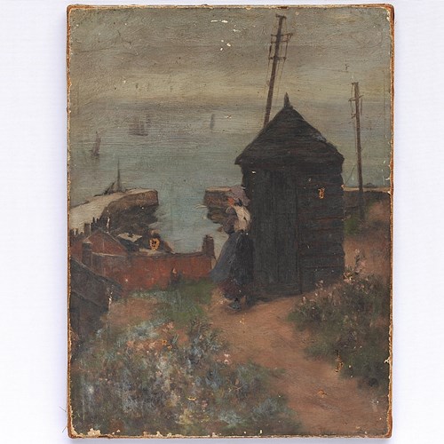 Distressed Oil Painting Coastal Scene 19Th Century Picture Art Canvas Sea Boats