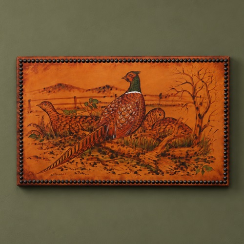 Pheasant Pokerwork Picture George Cundill Folk Art Painting Wildlife Leather 