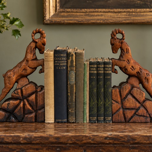 Ibex Wooden Bookends Carved Art Deco Antique Book End Case Shelf Ram Desk Table